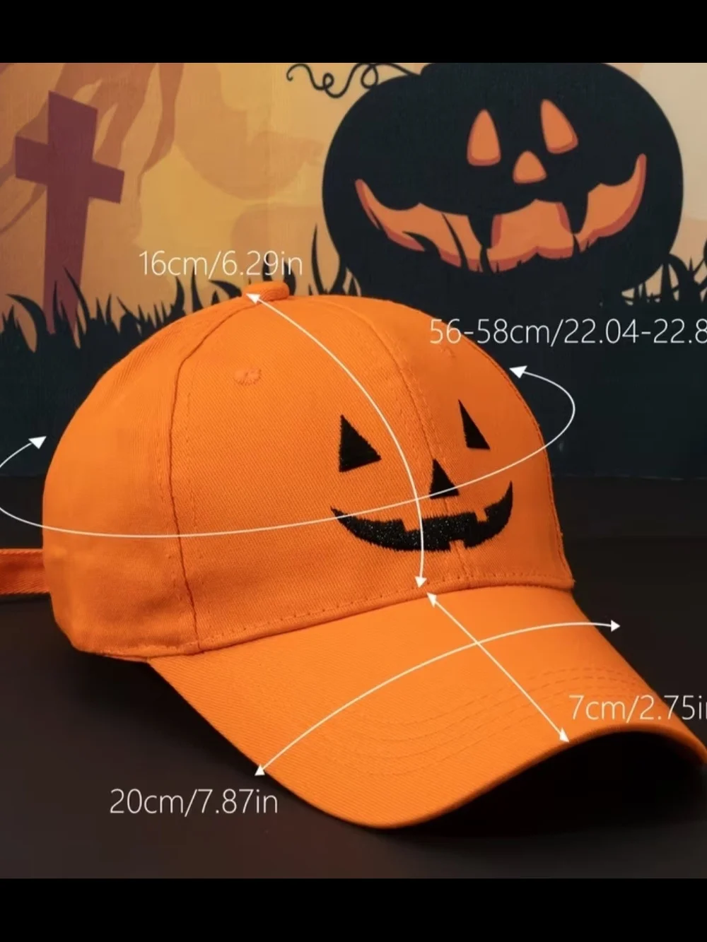 Black Baseball Hat with Orange Jack-O'-Lantern Embroidery